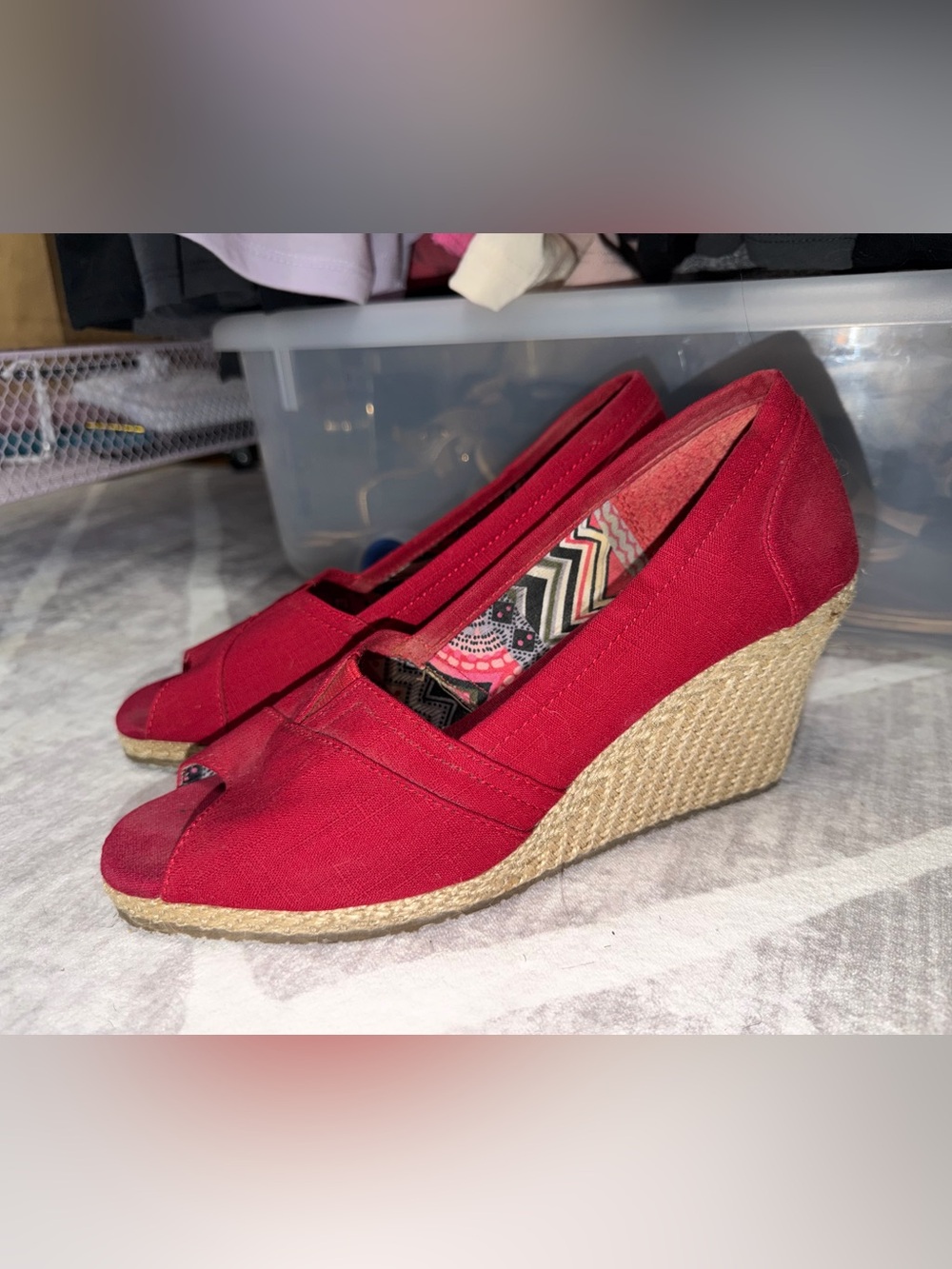 Skechers Red Canvas Espadrille Wedge Peep-Toe